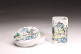A SET OF TWO FAMILLE ROSE BRUSHPOT AND INK BOX