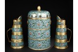 A SET OF CLOISONNE ENAMEL TIER BOX AND TWO EWERS