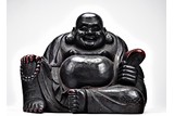 A LARGE WOOD LACQUER LAUGHING BUDDHA