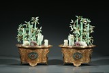 PAIR OF CHINESE GILT BRONZE JARDINIERES WITH JADEITE BAMBOO