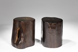 TWO LARGE UNCARVED HARDWOOD OR ZITAN STUMP STOOLS