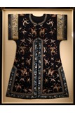 A FRAMED DARK BLUE GROUND 'BUTTERFLIES' SILK INFORMAL ROBE