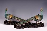 PAIR OF CLOISONNE ENAMEL MODELS OF PEACOCKS WITH STANDS