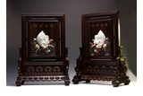 A PAIR OF HARDWOOD HARDSTONE INLAID TABLE SCREENS