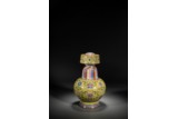 A CHINESE FAMILLE ROSE YELLOW GROUND ALTAR VASE