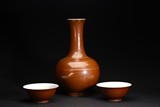 A GROUP OF THREE BROWN GLAZED VASE AND BOWL PAIR