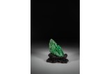 A CHINESE JADEITE 'CABBAGE AND MANTIS' CARVING WITH STAND