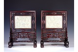 PAIR OF WHITE JADE 'SIXTEEN ARHATS' INSCRIBED ROSEWOOD TABLE SCREENS