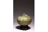 A CHINESE GREEN JADE CARVED BOX AND COVER 