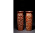 A PAIR OF BAMBOO CARVED LANDSCAPE VASES 