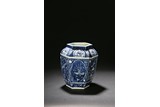 A HEXAGONAL BLUE AND WHITE JAR