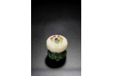 A CHINESE WHITE JADE INLAID CIRCULAR BOX WITH STAND