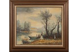 AN OIL PAINTING OF RIVER, BOAT, AND FIGURE