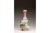 A FAMILLE ROSE LANDSCAPE GARLIC MOUTH VASE