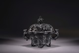 A ZITAN CARVED  'BAMBOO' TRIPOD CENSER 
