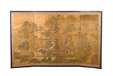 A CHINESE INK AND COLOR SILK 'PAVILLION' PANEL SCREEN