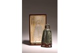 A CHINESE BRONZE BELL WITH ROSEWOOD BOX AND STAND