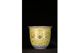A FAMILLE ROSE YELLOW GROUND 'LOTUS' JARDINIERE