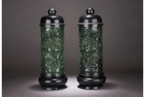 A PAIR OF LARGE GREEN JADE INCENSE CYLINDERS