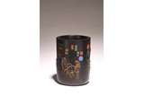 A CHINESE INK CAKE 'HORSES' CYLINDRICAL BRUSHPOT 
