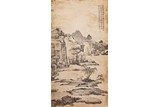 A CHINESE INK ON PAPER 'LANDSCAPE' HANGING SCROLL 