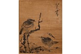A CHINESE INK ON SILK 'BIRDS' HANGING SCROLL 