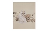GONG WENZHEN(B.1945) CHINESE COLOR AND INK 'CAT' SCROLL PAINTING