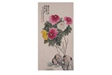 A CHINESE COLOR AND INK 'FLOWERS' HANGING SCROLL 