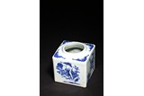 A BLUE AND WHITE 'FLOWERS AND BATS' SQUARE BRUSHPOT