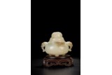 A WHITE JADE CARVED 'ELEPHANT' TRIPOD CENSER WITH COVER