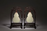 A PAIR OF WHITE JADE DOUBLE GOURD HANGING PANELS