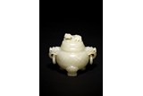 A CHINESE WHITE JADE TRIPOD CENSER WITH COVER
