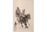 HUANG ZHOU: COLOR AND INK 'OLD MAN AND DONKEYS' PAINTING