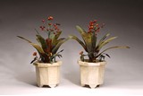 A PAIR OF GREEN JADE AND AMBER 'ORCHIDS' MARBLE PLANTERS