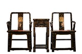 A PAIR OF BLACK LACQUER GILT DECORATED CHAIRS WITH STAND