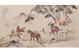 PU JIN: COLOR AND INK ON PAPER 'HORSES' PAINTING