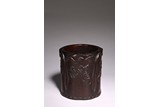 A CHINESE ZITAN CARVED BRUSHPOT