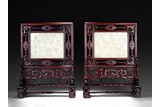 PAIR OF WHITE JADE 'SIXTEEN ARHATS' INSCRIBED ROSEWOOD TABLE SCREENS