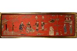 A SILK EMBROIDERED RED GROUND FIGURES HORIZONTAL PANEL
