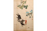 WANG XUETAO: COLOR AND INK PAPER 'ROOSTER' PAINTING 