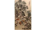 A CHINESE COLOR AND INK PAPER 'BATHING HORSES' PAINTING