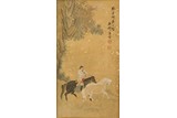 TANG YIN: COLOR AND INK SILK 'HORSES' PAINTING