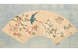 ZHANG XIONG: COLOR AND INK 'BIRD AND FLOWERS' FAN PAINTING