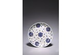 A CHINESE BLUE AND WHITE ENAMEL 'LOTUS' DISH