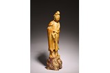 A LARGE CHINESE SHOUSHAN STONE GUANYIN WITH STAND