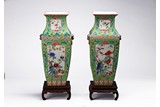 A PAIR OF FAMILLE ROSE GREEN GROUND 'BIRD & FLOWERS' VASES