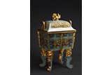 A LARGE GILT BRONZE AND CLOISONNE ENAMEL CENSER AND COVER