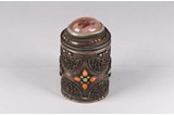 AN MONGOLIAN CORAL AND TOURMALINE INLAID COPPER ALLOY BOX 