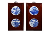 A PAIR OF BLUE AND WHITE EMBELLISHED PANELS