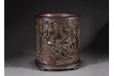 A CHINESE AGARWOOD CARVED 'LANDSCAPE' BRUSHPOT